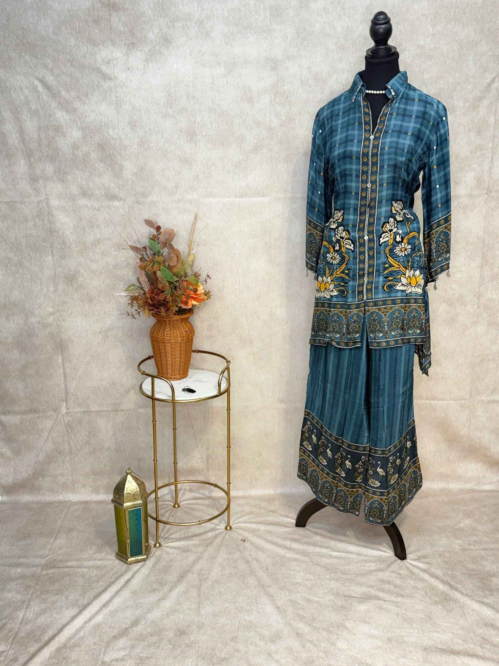 Teal Blue Floral Pure Crepe Co-Ord Set
